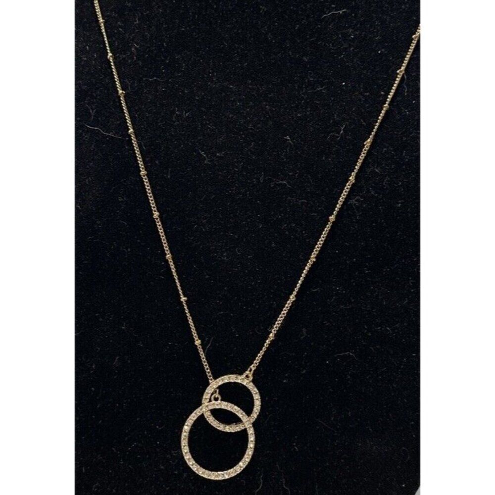 Gold Tone  Y  Lariat Necklace Rhinestone Circle Knot Chain 29” Long Slider